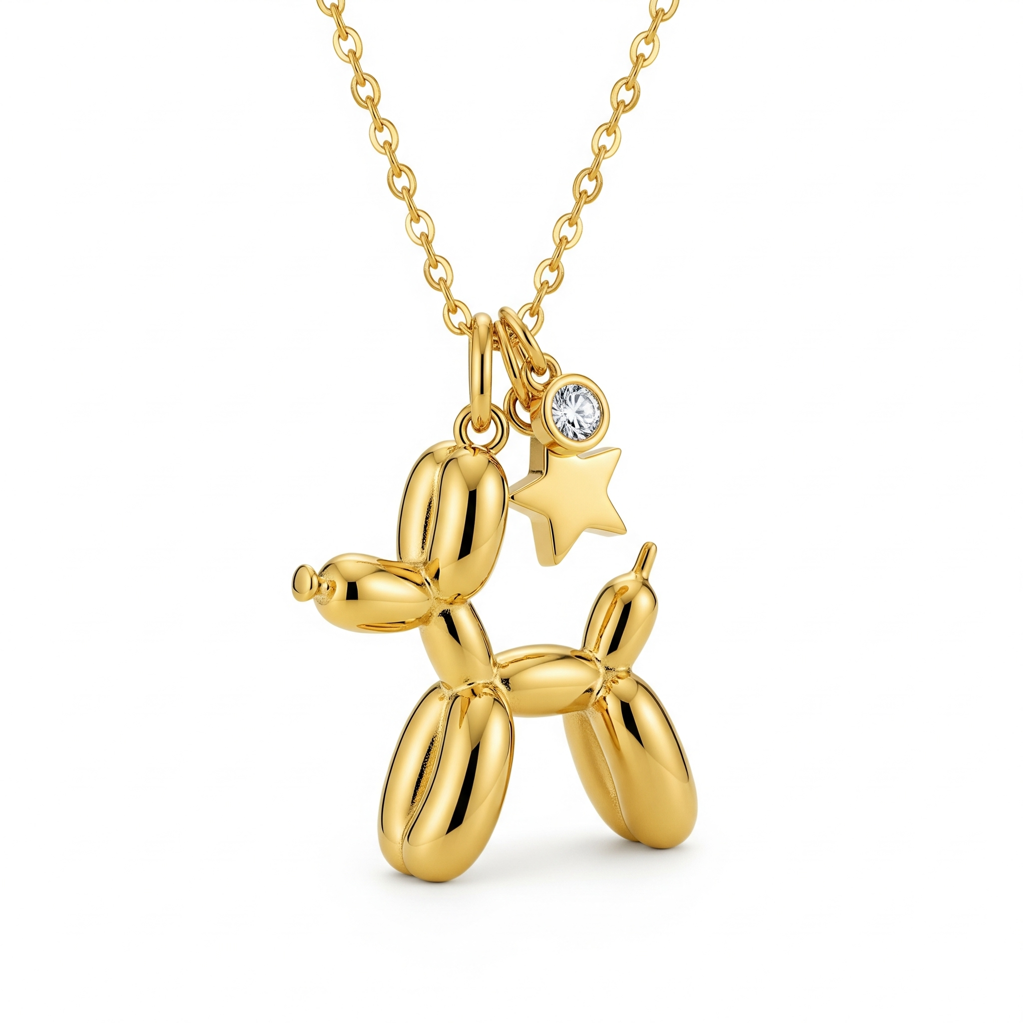 Balloon Dog Pendant Necklace with Pink Crystal Charm in Stainless Steel
